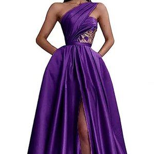 Women's One Shoulder Long Dress with Sequins Pockets High Split A Line Evening